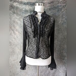Y2K 2000s Black Ruffle Silky Lace Blouse
